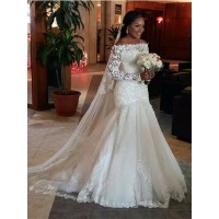Trumpet/Mermaid Off-the-Shoulder Long Sleeves Lace Sweep/Brush Train Tulle Wedding Dresses