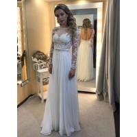 A-Line/Princess Bateau Floor-Length Long Sleeves Lace Chiffon Wedding Dresses