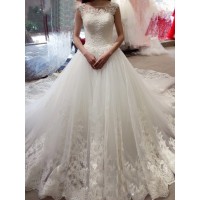 Ball Gown Sleeveless Bateau Applique Chapel Train Tulle Wedding Dresses