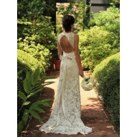 Sheath/Column Sleeveless Lace V-neck Sweep/Brush Train Wedding Dresses