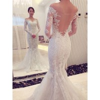 Trumpet/Mermaid Off-the-Shoulder Long Sleeves Lace Chapel Train Wedding Dresses