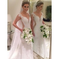 Trumpet/Mermaid Sleeveless Sweep/Brush Train V-neck Lace Wedding Dresses