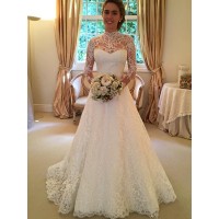 Ball Gown High Neck Long Sleeves Lace Court Train Wedding Dresses