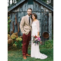 Sheath/Column 3/4 Sleeves Lace Off-the-Shoulder Bowknot Sweep/Brush Train Wedding Dresses