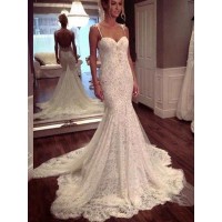 Trumpet/Mermaid Sleeveless Court Train Spaghetti Straps Lace Wedding Dresses