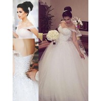 Ball Gown Off-the-Shoulder Sleeveless Lace Court Train Tulle Wedding Dresses