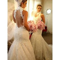 Trumpet/Mermaid High Neck Sleeveless Lace Court Train Wedding Dresses