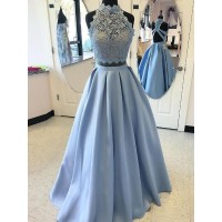 Ball Gown High Neck Sleeveless Floor-Length Applique Satin Two Piece Dresses
