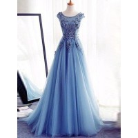 Ball Gown Sleeveless Jewel Sweep/Brush Train Applique Tulle Dresses