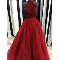 Ball Gown High Neck Sleeveless Floor-Length Beading Organza Dresses