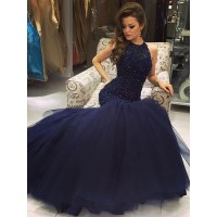 Trumpet/Mermaid Sleeveless Floor-Length Jewel Tulle Beading Dresses