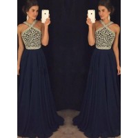 A-Line/Princess Sleeveless Halter Chiffon Beading Floor-Length Dresses