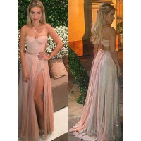 A-Line/Princess Sweetheart Sleeveless Floor-Length Lace Chiffon Dresses