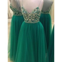 A-Line/Princess Sleeveless Spaghetti Straps Tulle Floor-Length Beading Dresses