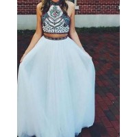 A-Line/Princess Halter Sleeveless Floor-Length Beading Net Two Piece Dresses