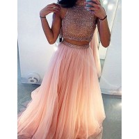 A-Line/Princess Sleeveless High Neck Tulle Beading Sweep/Brush Train Two Piece Dresses