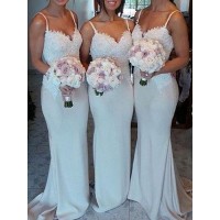 Sheath/Column Sweetheart Sleeveless Satin Lace Sweep/Brush Train Bridesmaid Dresses