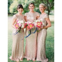Sheath/Column Bateau Floor-Length Short Sleeves Sequins Bridesmaid Dresses