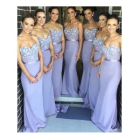 Sheath/Column Sweetheart Sleeveless Satin Hand-Made Flower Sweep/Brush Train Bridesmaid Dresses
