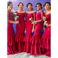 Trumpet/Mermaid 3/4 Sleeves Off-the-Shoulder Floor-Length Ruched Satin Bridesmaid Dresses