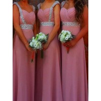 A-Line/Princess Sleeveless Sweetheart Floor-Length Beading Chiffon Bridesmaid Dresses