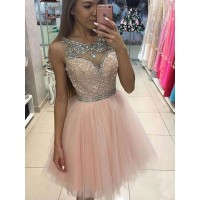 A-Line/Princess Sleeveless Scoop Beading Short/Mini Tulle Dresses