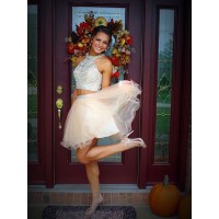 A-Line/Princess Scoop Beading Sleeveless Short/Mini Tulle Two Piece Dresses