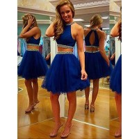 A-Line/Princess Sleeveless Halter Beading Tulle Short/Mini Two Piece Dresses