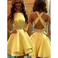 A-Line/Princess Sleeveless Scoop Beading Satin Short/Mini Dresses