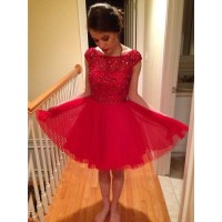 A-Line/Princess Sleeveless Scoop Beading Tulle Short/Mini Dresses