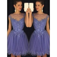 A-Line/Princess Sleeveless Scoop Applique Tulle Short/Mini Dresses