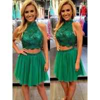 A-Line/Princess Sleeveless High Neck Beading Tulle Short/Mini Two Piece Dresses