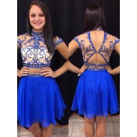 A-Line/Princess Sleeveless High Neck Beading Chiffon Short/Mini Two Piece Dresses