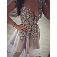 A-Line/Princess Sleeveless V-neck Sequin Organza Short/Mini Dresses