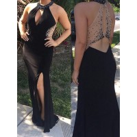 Sheath/Column Jersey Scoop Beading Sleeveless Floor-length Plus Size Dresses