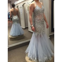 Trumpet/Mermaid Tulle V-neck Sleeveless Sequin Floor-Length Plus Size Dresses
