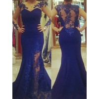 Trumpet/Mermaid Silk like Satin Scoop Applique Long Sleeves Sweep/Brush Train Plus Size Dresses