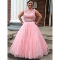 Ball Gown High Neck Tulle Applique Sleeveless Floor-Length Plus Size Dresses