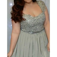 A-Line/Princess Sleeveless V-neck Lace Floor-Length Chiffon Plus Size Dresses