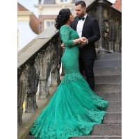 Trumpet/Mermaid V-neck Tulle Applique 3/4 Sleeves Sweep/Brush Train Plus Size Dresses