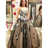 Ball Gown Sleeveless Sweetheart Applique Floor-Length Tulle Dresses
