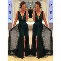 A-Line/Princess Sleeveless V-neck Sequins Sash/Ribbon/Belt Sweep/Brush Train Dresses