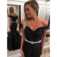 Trumpet/Mermaid Sleeveless Off-the-Shoulder Satin Beading Sweep/Brush Train Dresses