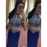 Sheath/Column Halter Sleeveless Beading Floor-Length Satin Two Piece Dresses