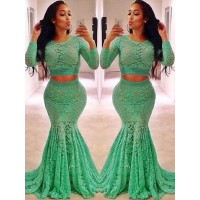 Trumpet/Mermaid Scoop Long Sleeves Lace Ruffles Sweep/Brush Train Two Piece Dresses