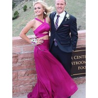 A-Line/Princess Sleeveless Halter Chiffon Ruched Floor-Length Two Piece Dresses