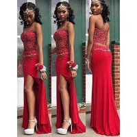 Sheath/Column Sweetheart Sleeveless Beading Floor-Length Satin Two Piece Dresses