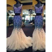 Trumpet/Mermaid Sweetheart Sleeveless Tulle Beading Sweep/Brush Train Two Piece Dresses