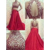 A-Line/Princess High Neck Sleeveless Satin Sweep/Brush Train Beading Two Piece Dresses