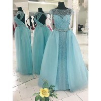 Ball Gown Sleeveless Bateau Beading Floor-Length Tulle Dresses
